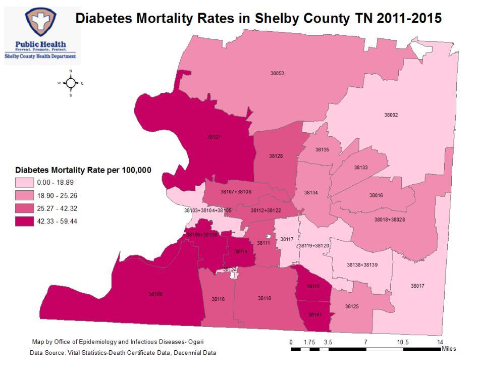 Figure 76 CLRD Mortality Rates by ZIP Code, Shelby County, 2011-2015 DIABETES Diabetes is the seventh leading