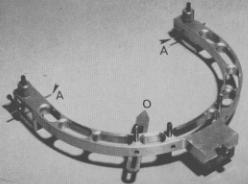 Volume 22 Jaw movements engraved in plastic 211 Number 2 Fig. 2. The upper recording face-bow. Note the axis alignment ins (A) and the orbital indicator (O). Attachment of the upper face-bow.
