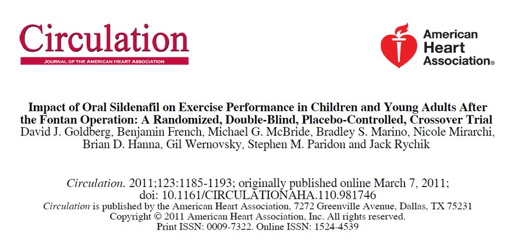 Sildenafil in Fontan patients Conclusions Sildenafil significantly improved ventilatory efficiency during peak and submaximal exercise There