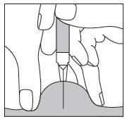 Step 4: Hold the syringe in one hand and with the other hand, gently pinch a fold of skin with its fatty tissue (see the shaded areas above) between your thumb and index finger.