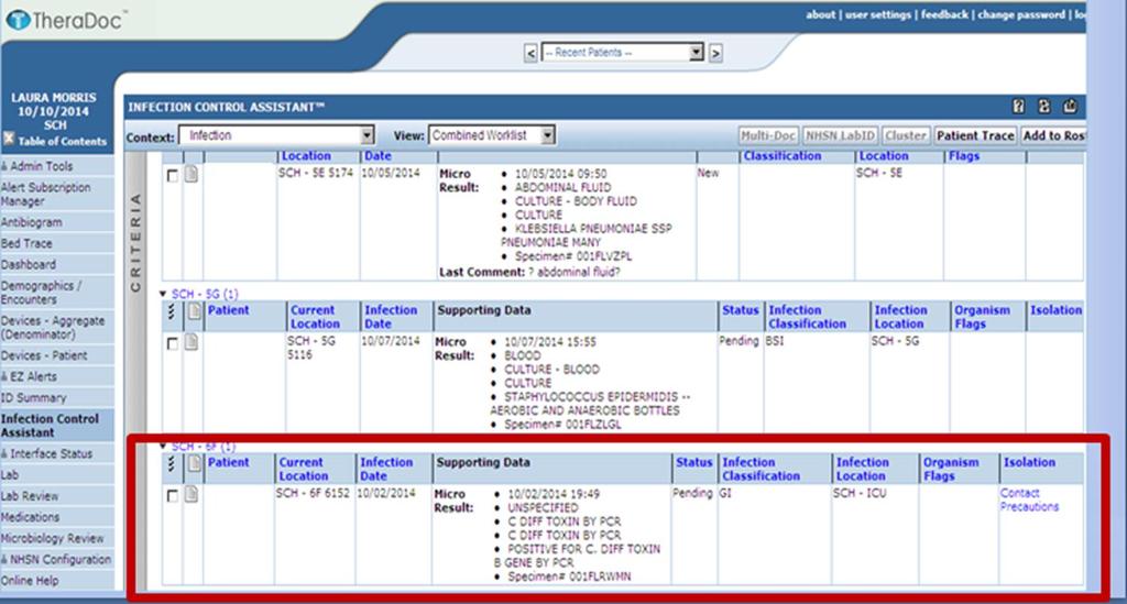 diff patient entry on the Infection Work List to access the Theradoc Infection Worksheet. Using the Worksheet, the Infection Preventionist can classify C.