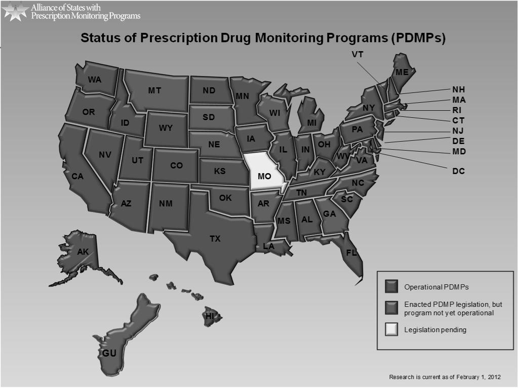 Status of Prescription Drug Monitoring Programs (PDMPs) VT WA OR NV CA MT ID WY UT CO AZ NM ND