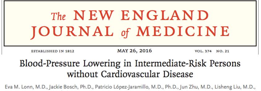 Design: 2x2 factorial RCT (double- blind) Popula/on: intermediate- risk (no CVD); 22% had BP Rx at baseline; n=12 705 Interven/on: candesartan 16 mg/d plus HCTZ 12.5 mg/d vs.