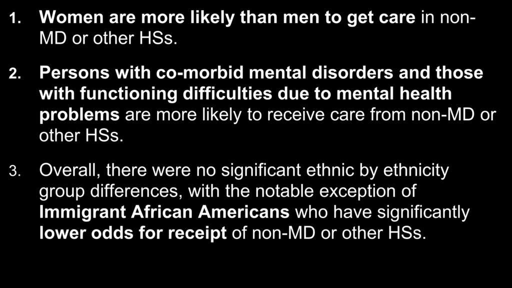Past-Year Mental Health Service Use (non-md or other HSs) Among Those with Past-Year Disorders 1. Women are more likely than men to get care in non- MD or other HSs. 2.