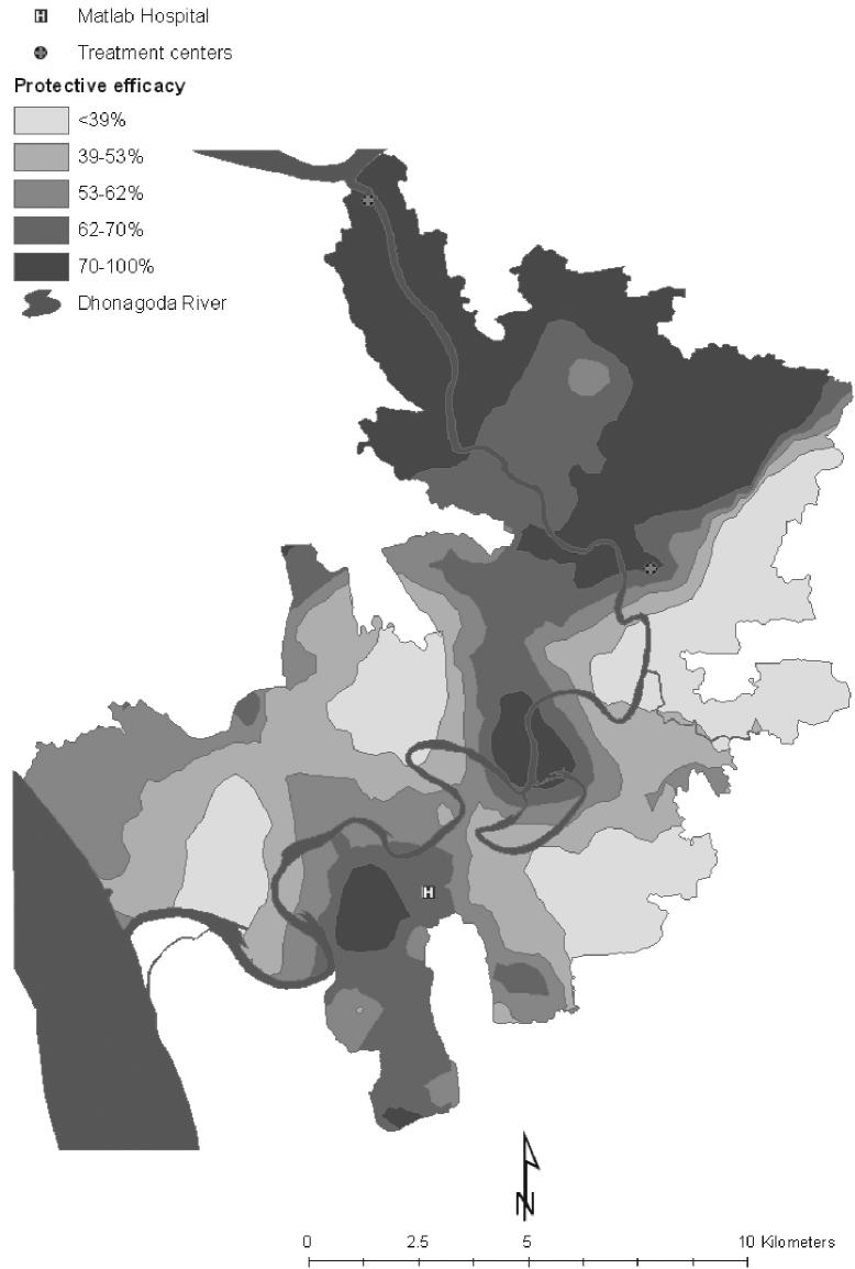 NEIGHBOURHOOD-LEVEL KILLED ORAL CHOLERA VACCINE COVERAGE AND PROTECTIVE EFFICACY 1047 Figure 3 Spatial variation of oral cholera PE in Matlab, 1985 86 in a neighbourhood using HDSS records.