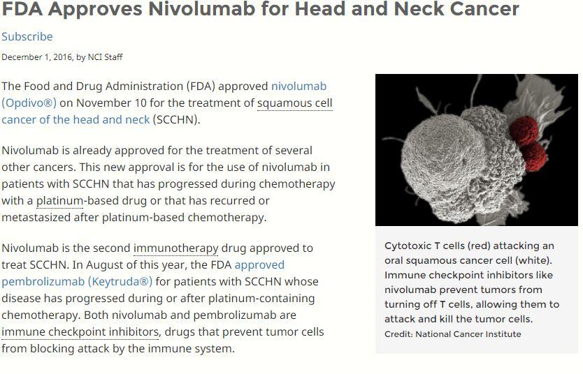 Nivolumab (Anti-PD1 mab)- November 10, 2016 Recurrent or Metastatic Squamous Cell Carcinoma