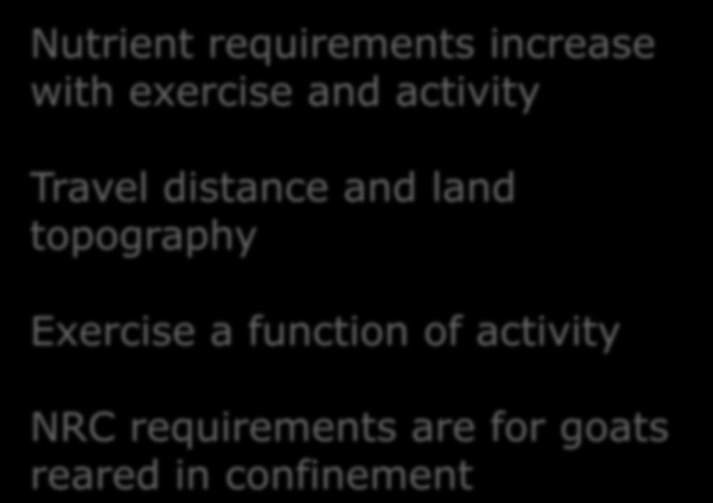 Nutrient requirements increase with exercise and activity Travel distance and land