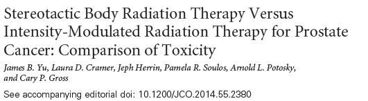 3/22/ Proton versus intensity-modulated radiotherapy for prostate cancer: patterns of care and early toxicity. Yu et al.
