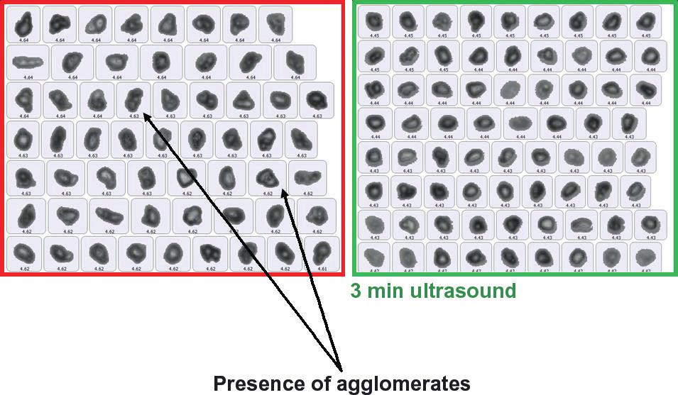 Figure 6: Particle size distribution data for the reference budesonide formulation indicates that there are agglomerates present which are dispersed by the application of ultrasound.