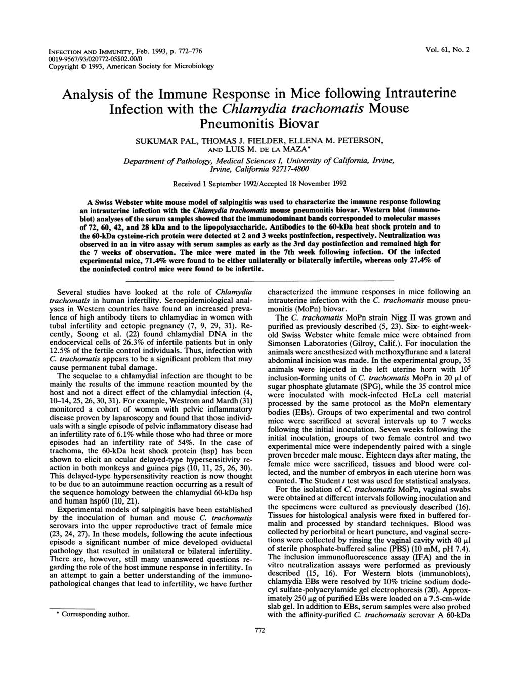 INFECTION AND IMMUNITY, Feb. 1993, p. 772-776 Vol. 61, No. 2 0019-9567/93/020772-05$02.