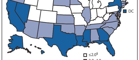 37--1.90) per 100,000, 20 states had TB case rates of 2.0--4.0 (range: 2.15--3.