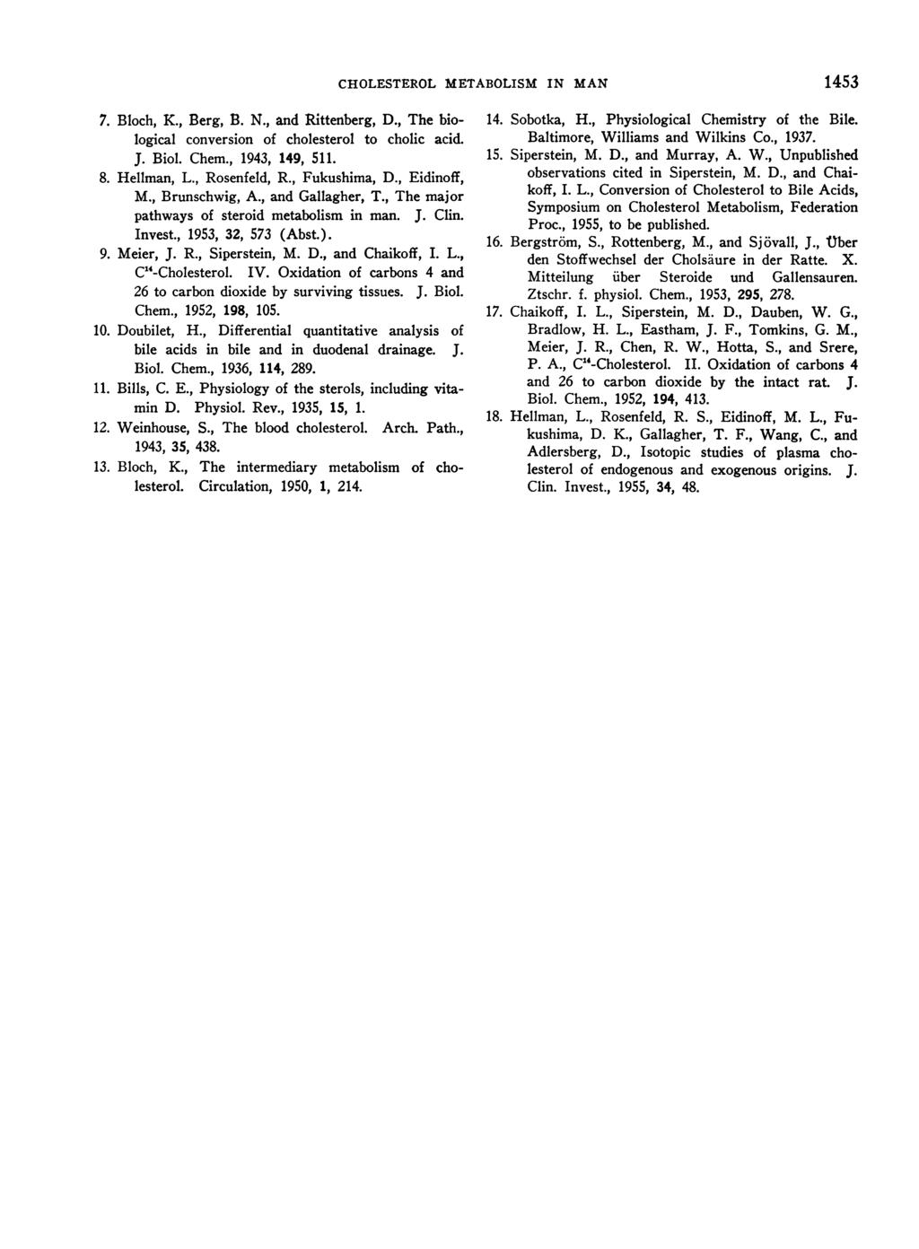 CHOLESTEROL METABOLISM IN MAN 1453 7. Bloch, K., Berg, B. N., and Rittenberg, D., The biological conversion of cholesterol to cholic acid. J. Biol. Chem., 1943, 149, 511. 8. Hellman, L., Rosenfeld, R.