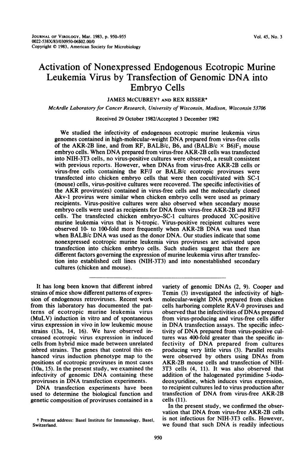 JOURNAL OF VIROLOGY, Mar. 1983, P. 950-955 0022-538X/83/030950-06$02.00/0 Copyright 1983, American Society for Microbiology Vol. 45, No.