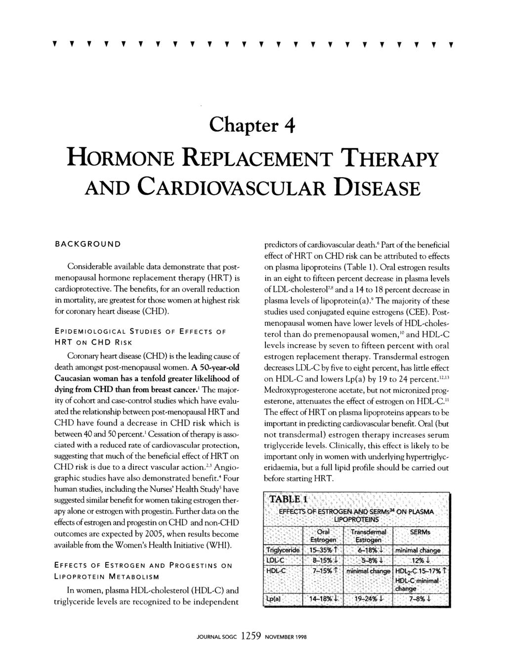 , Chapter 4 HORMONE REPLACEMENT THERAPY AND CARDIOVASCULAR DISEASE BACKGROUND Considerable available data demonstrate that postmenopausal hormone replacement therapy (HR T) is cardioprotective.