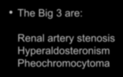 Secondary Hypertension The Big 3 are: Renal