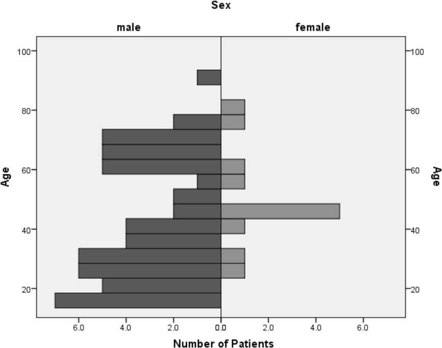 Scheyerer et al. Journal of Trauma Management & Outcomes (2015) 9:4 Page 4 of 9 Fig. 4 Distribution of age and sex at the time of injury 16:00 and 24:00 (31 %, n = 21).