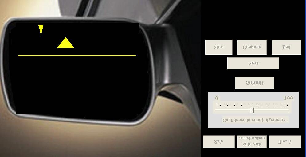 Figure 1. Experimental apparatus showing the EID-Yield display and the image of the car mirror that the participants used to judge whether it was safe to pass or not.