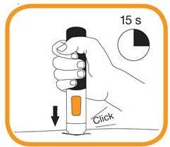 Continue to hold the autoinjector in place firmly against the skin until a second click is heard and the viewing window turns orange. This can take up to 15 seconds.
