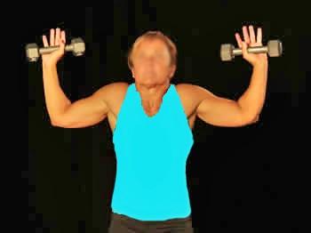 Examine this image of someone doing an overhead shoulder press. How should this person s form be corrected? A.