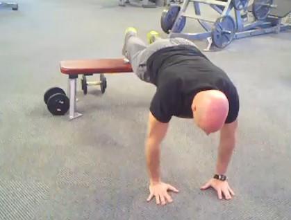 Finishers 21-24 Decline Close-Grip Pushups Keep the abs braced and body in a straight line from toes (knees) to shoulders.