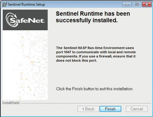 11. The installation of the Sentinel Runtime is now complete. Press the Finish button.