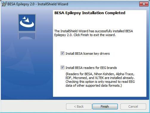 18. Installation of BESA Epilepsy patch is now complete. Uncheck both options. Press the Finish button to exit the setup. The patch installation is complete. 19.