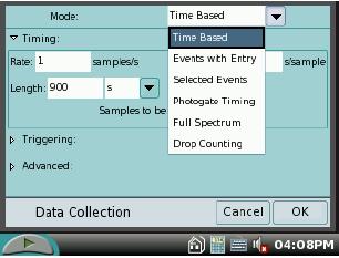 Use the keyboard to change the length of data collection to 25 s. (The seconds should already be set.) Select when you are finished. Figure 4. Data collection screen.