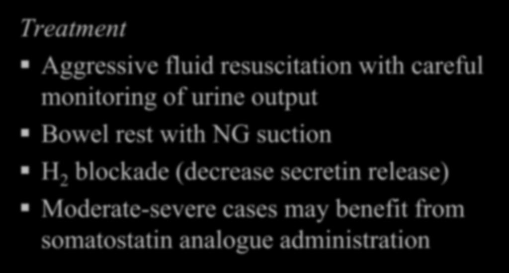 Acute Pancreatitis Treatment Aggressive fluid resuscitation with careful monitoring of urine output Bowel rest with NG