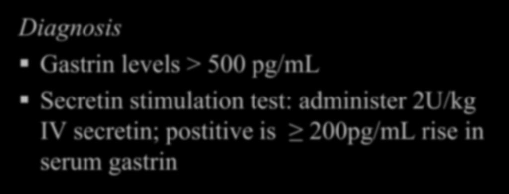 Gastrinoma Diagnosis Gastrin levels > 500 pg/ml Secretin stimulation
