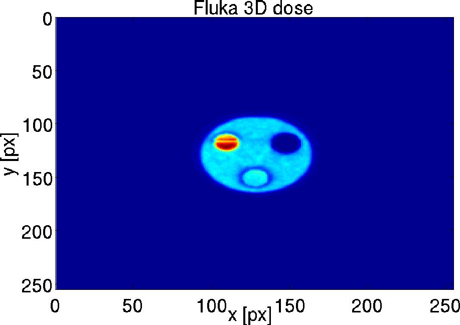 Figure 4: Dose map calculated on homogeneos phantom using Fluka (left) and DOSIS (right) Figure 5: Dose map calculated on non-homogeneos phantom using Fluka (left) and DOSIS (right) 2.3.