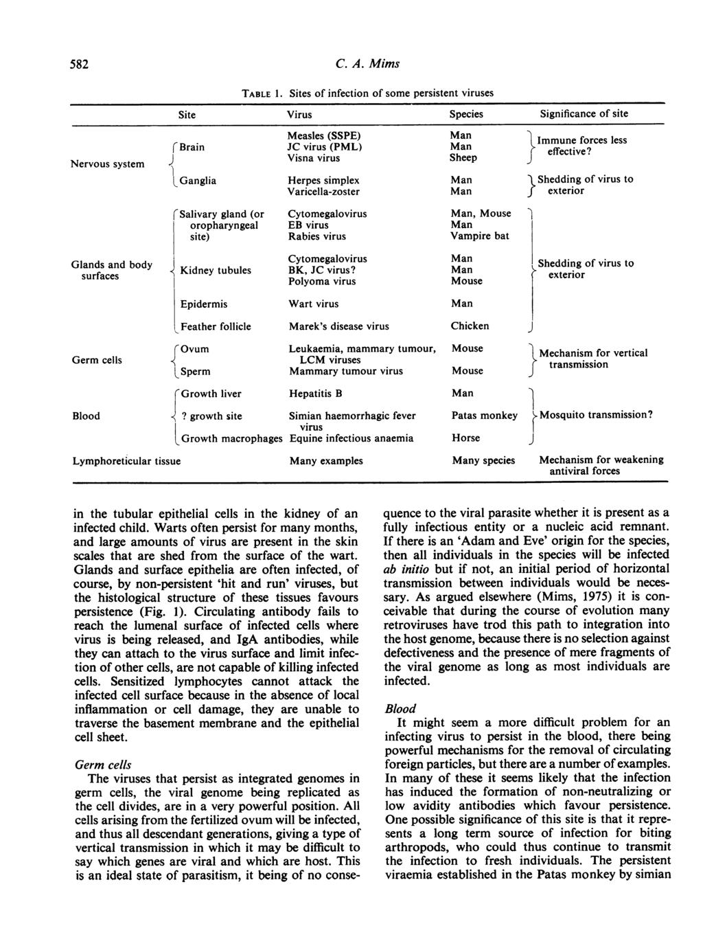 582 TABLE 1. Sites of infection of some persistent viruses Site Virus Species Significance of site Measles (SSPE) Man Immune forces less rbrain JC virus (PML) Man effective?