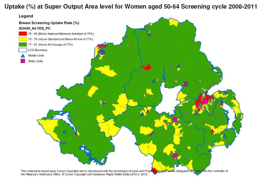The map below shows the uptake by area, for women aged 50-64, for the 3 year period 2008/09-2010/11. Areas in red have an uptake of less than the minimum standard of 70%.