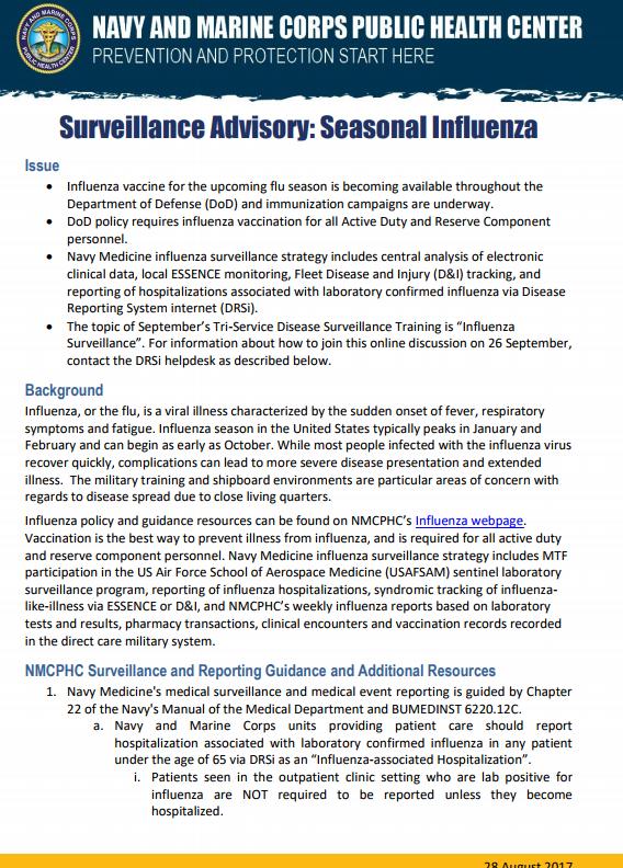 NMCPHC Seasonal Influenza Advisory: Navy flu reporting requirements in DRSi Surveillance recommendations for upcoming season including syndromic surveillance using ESSENCE or D&I processes Contact