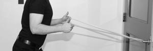 Tighten stomach  Progression: ***Do not move elbows behind your body*** Pull down the band, while tightening