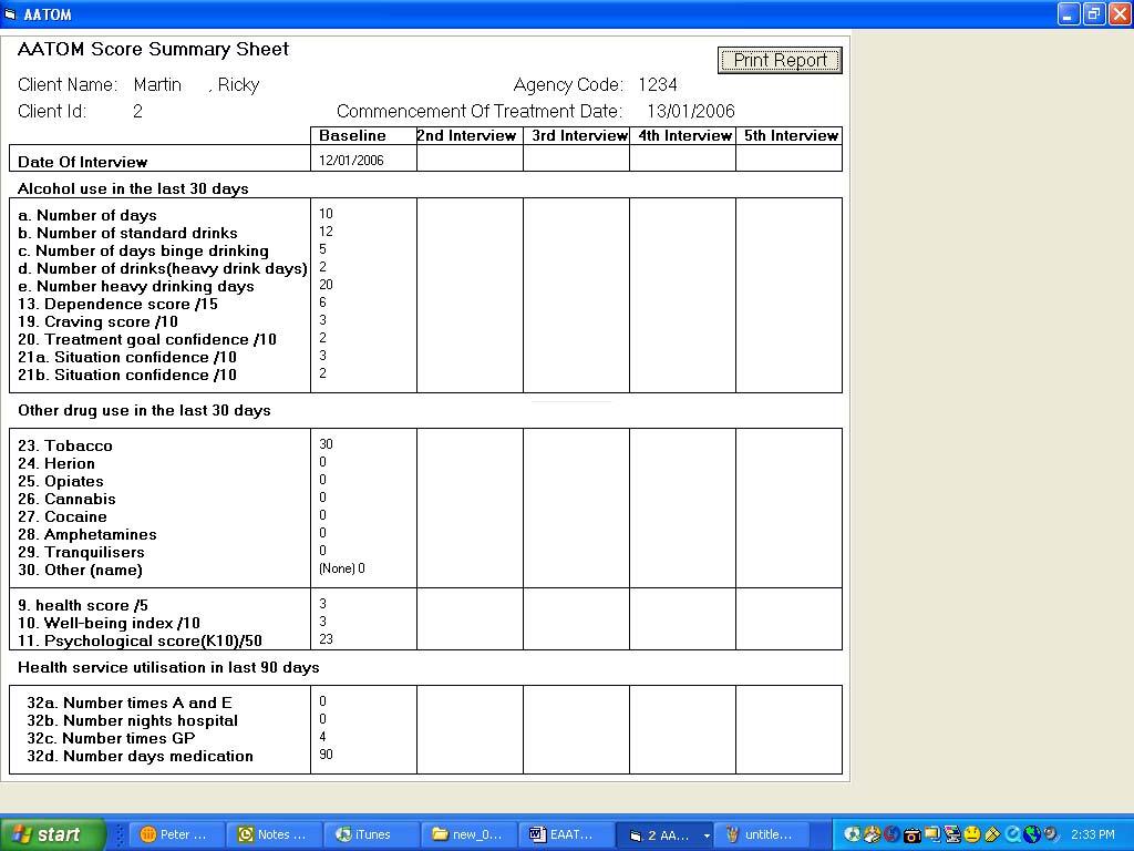 Baseline results are in the left hand column with follow-up data proceeding in the right hand columns. In the example the follow up questionnaires have not been completed and are left blank.