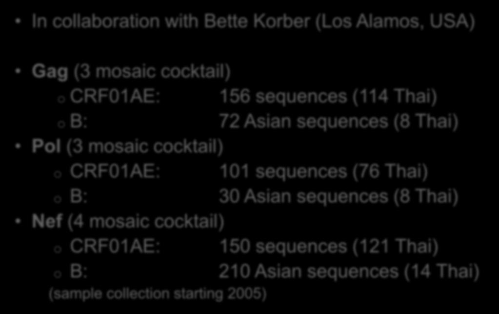 Sources of HIV-1 subtypes for the gag, pol, nef mosaic DNA Immunogen Designs of the Chula DNA vaccine In collaboration with Bette Korber (Los Alamos, USA) Gag (3 mosaic cocktail) o CRF01AE: 156