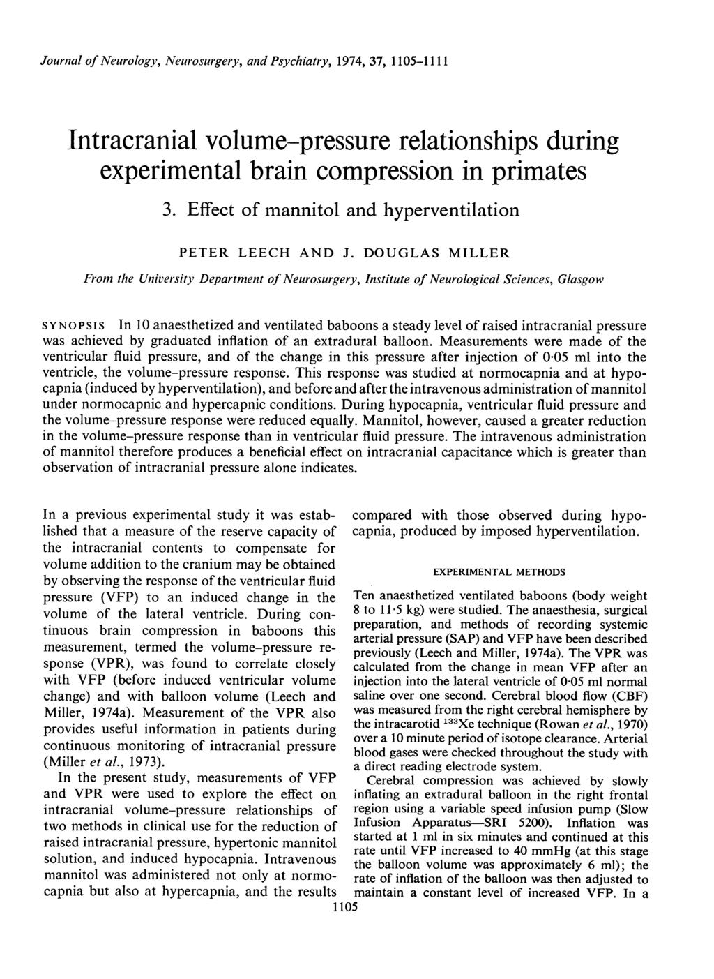 Journial of Neurology, Neurosurgery, and Psychiatry, 1974, 37, 115-1111 Intracranial volume-pressure relationships during experimental brain compression in primates 3.