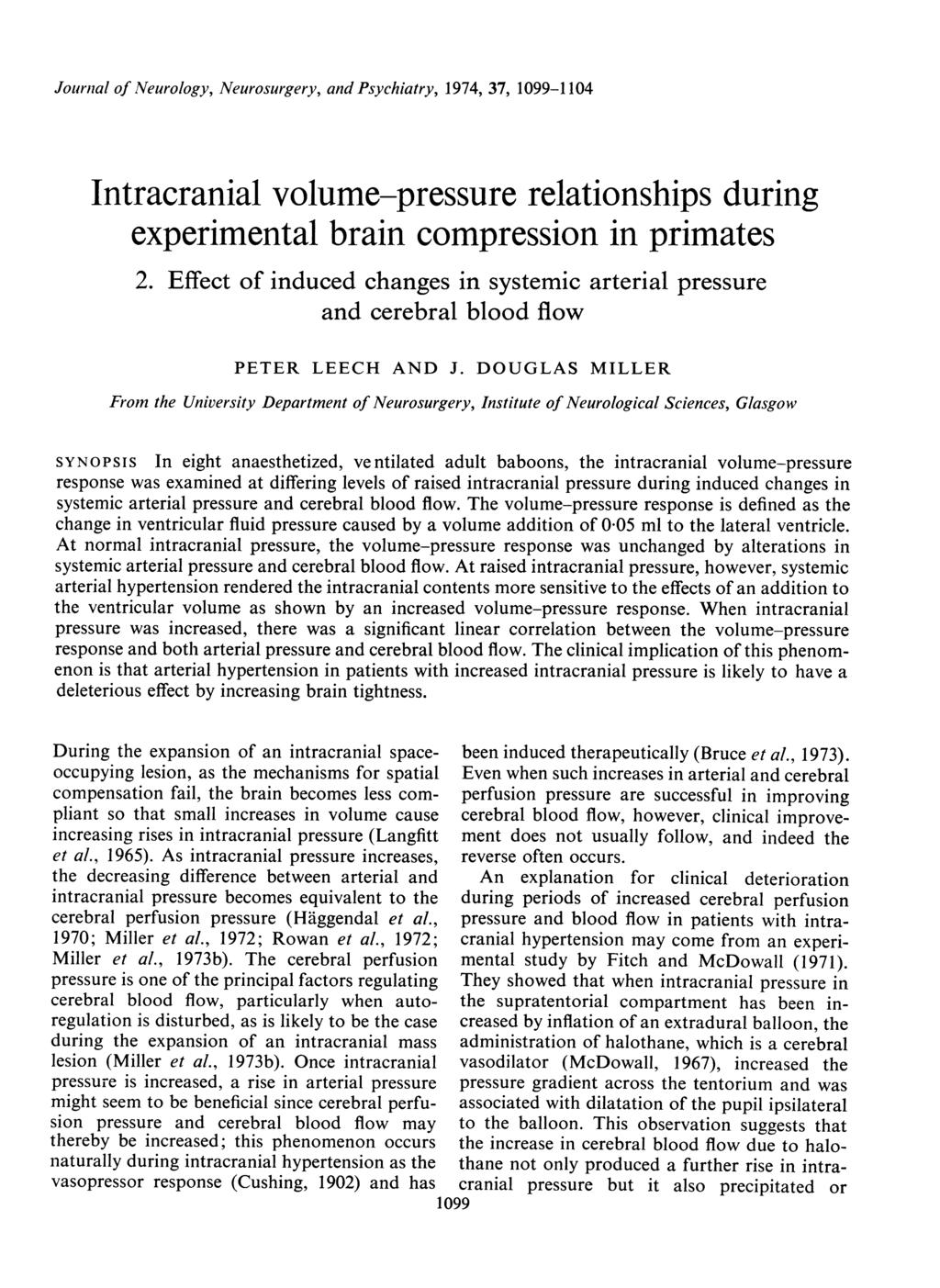 Journial of Neurology, Neurosurgery, and Psychiatry, 1974, 37, 1099-1104 Intracranial volume-pressure relationships during experimental brain compression in primates 2.