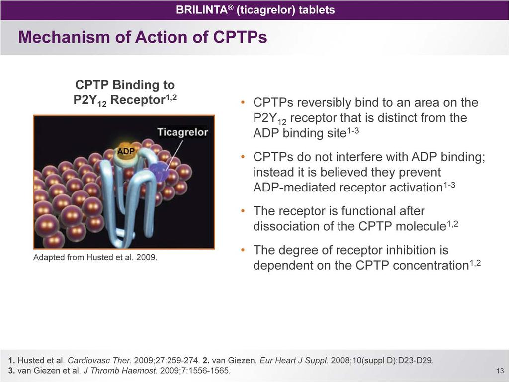 BRILINTA, an orally active P2Y 12 receptor antagonist, belongs to a chemical class of antiplatelet agents called CPTPs 1 CPTPs have a different mechanism of action than thienopyridines 2-4 BRILINTA