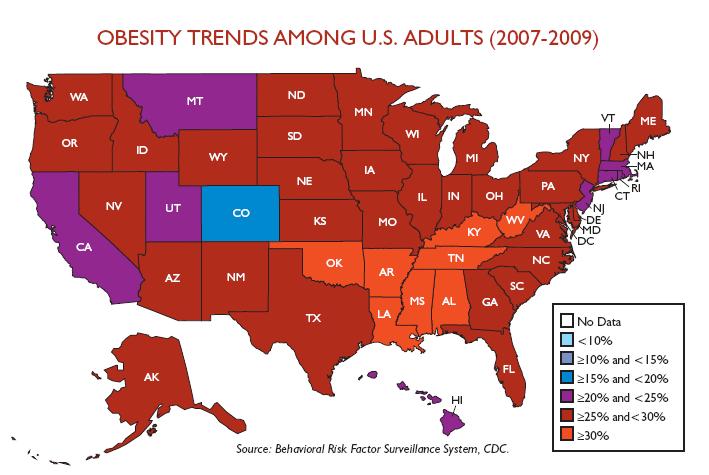The Obesity Epidemic In 1991, NO state had an obesity rate above 20% 1 As of 2010, more than two-thirds of states (38) now have adult obesity rates above 25% 1 Eight states have obesity rates above