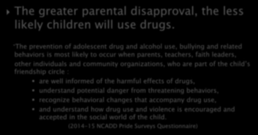 The greater parental disapproval, the less likely children will use drugs.