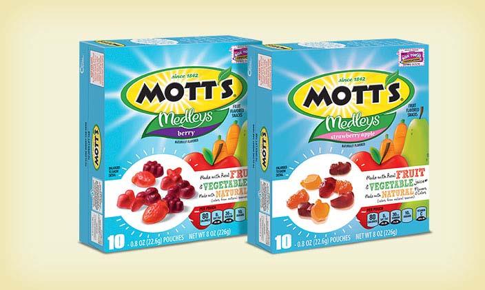 Mott's Medleys Fruit Flavored Snacks This tasty treat combines real fruit and vegetable juice with the fruit flavors kids love.