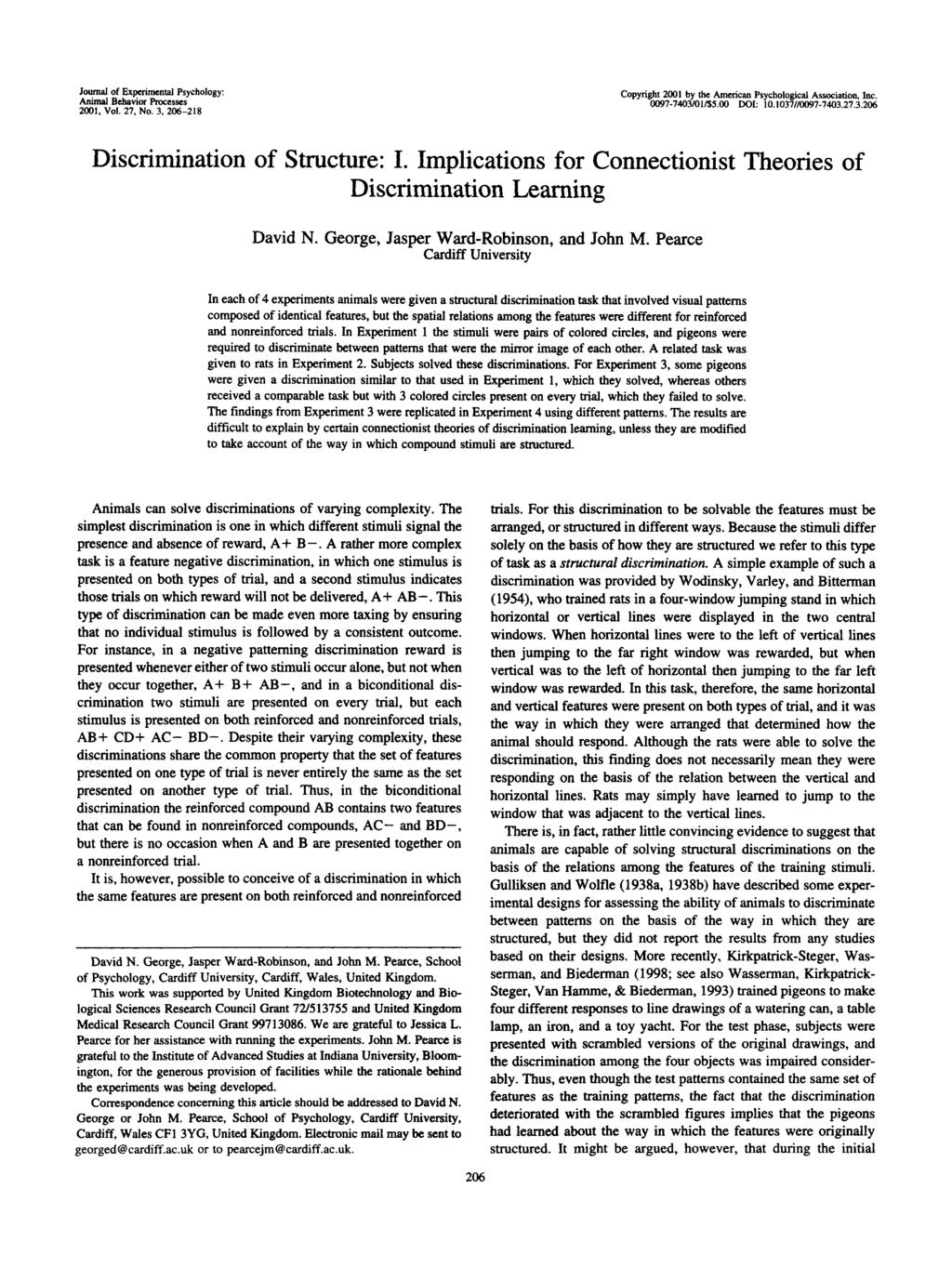 Journal of Experimental Psychology: Animal Behavior Processes 2001, Vol. 27, No. 3, 206-218 Copyright 2001 by the American Psychological Association, Inc. 0097-7403/01/$5.00 DOI: 10.1037//0097-7403.
