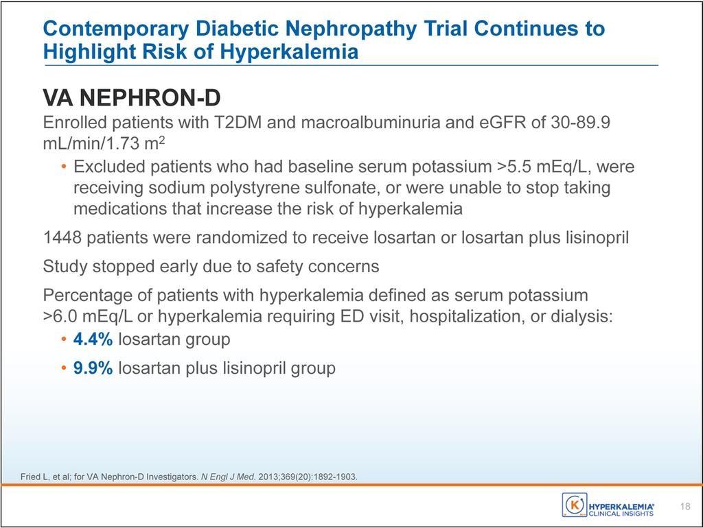 In a more recent study called NEPHRON-D, nearly 1500 patients with diabetic nephropathy were randomized to receive either losartan alone or the combination of losartan with the ACEi lisinopril.