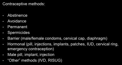 Review Contraceptive methods: - Abstinence - Avoidance - Permanent - Spermicides - Barrier (male/female condoms, cervical cap, diaphragm) - Hormonal (pill, injections, implants, patches, IUD,