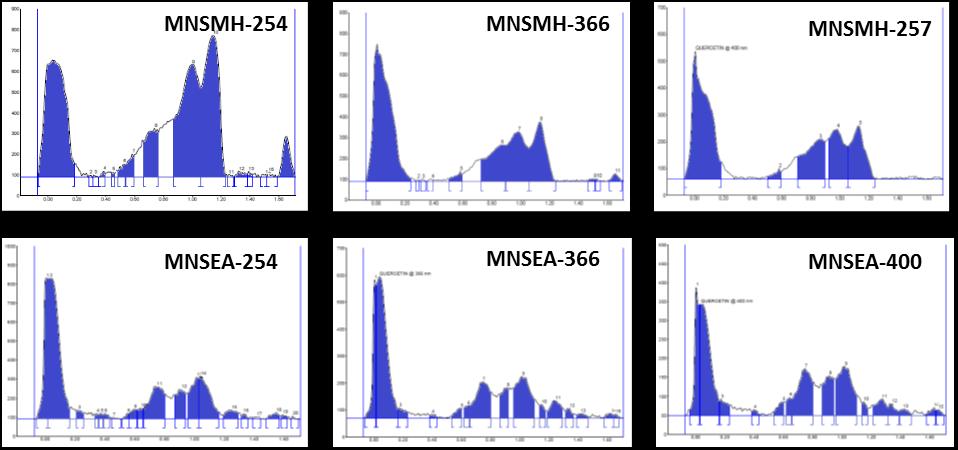 SAMPLE 5: MNS Figure 3.3.5(B-12): Densitometric chromatogram showing peak display of mango seed kernel extracts (Density (AU) vs Rf ) As shown in figure 3.3.5(B-12), mango seed kernel methanolic extract exhibited 15 bands when scanned at 254 nm with 0.