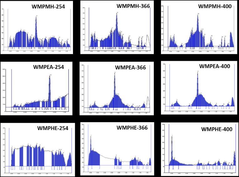SAMPLE 12: WMPMH Figure 3.3.5(A-18): Densitometric chromatogram showing peak display of WMP extracts (Density(AU) vs Rf ) As represented in figure 3.3.5(A-18), watermelon peel methanolic extract exhibited 25 bands when scanned at 254 nm with 0.