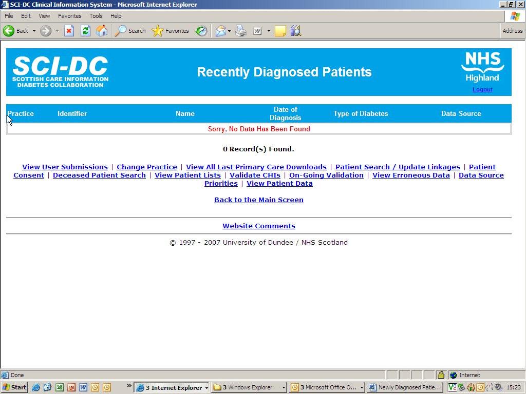 9. A list of patient data with the following headings will be displayed on screen (omitted
