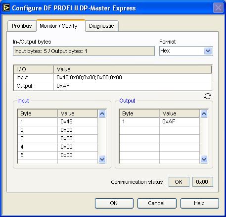 LabVIEW PROFIBUS VISA Driver PROFIBUS-DP-Master Express VI The Monitor/Modify-Tab shows the input and output data as well as the communication status of the DP-Slave.