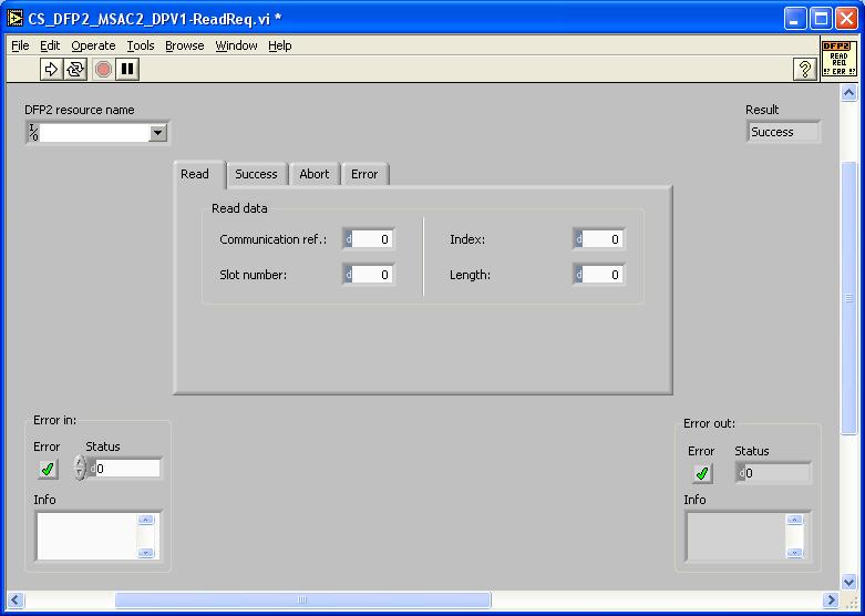 LabVIEW PROFIBUS VISA Driver PROFIBUS-DPV1 6.3 Read_Req Reads a variable of a DP Slave DPV1. The DPV1 variables of a DP Slave are selected by the parameters Slot number and Index.